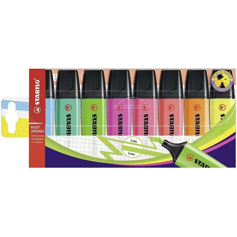 Stabilo Boss 70 Pack de 8 Marcadores Fluorescentes - Trazo entre 2 y 5mm - Recargable - Tinta con Base de Agua - Colores Surtido