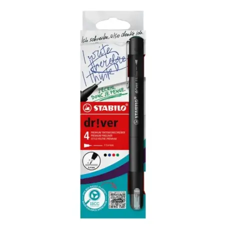 Stabilo Dr!ver Pack de 4 Rotuladores de Punta Fina 0.4mm - Tinta a Prueba de Manchas, Inodora y con Base al Agua - Fabricado con