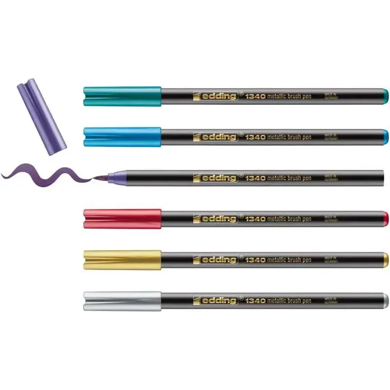 Edding 1340 Brush Pack de 6 Rotuladores - Punta Pincel Flexible - Trazo 1-3mm - Tinta con Base de Agua - Colores Oro, Rojo, Azul