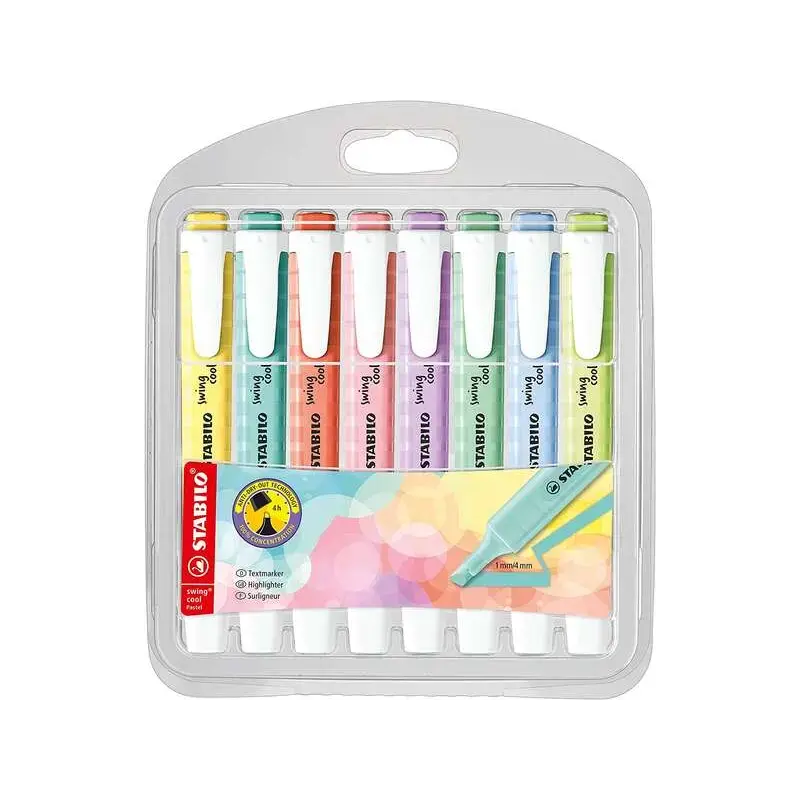 Stabilo Swing Cool Pastel Pack de 8 Marcadores Fluorescentes - Cuerpo Plano - Punta Biselada - Trazo entre 1 y 4mm - Tinta con B