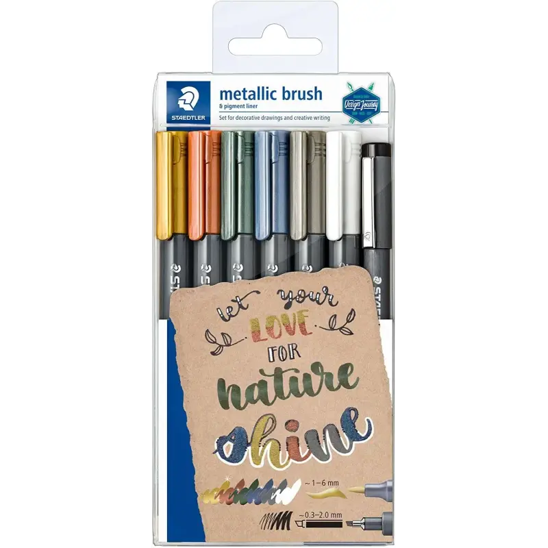 Staedtler Metallic Brush Pack de 7 Rotuladores Punta de Pincel - Tinta Base de Agua - Trazo 1 - 6mm Aprox - Colores Surtidos | A