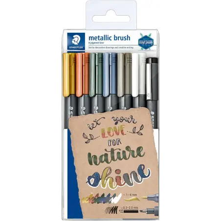 Staedtler Metallic Brush Pack de 7 Rotuladores Punta de Pincel - Tinta Base de Agua - Trazo 1 - 6mm Aprox - Colores Surtidos | A