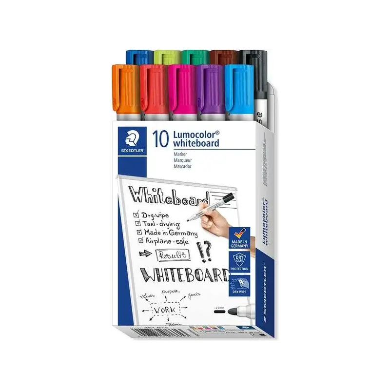 Staedtler Lumocolor 351 Pack de 10 Marcadores para Pizarra Blanca - Punta 2mm Aprox - Secado Rapido - Colores Surtidos | Ahorro
