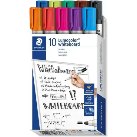 Staedtler Lumocolor 351 Pack de 10 Marcadores para Pizarra Blanca - Punta 2mm Aprox - Secado Rapido - Colores Surtidos | Ahorro