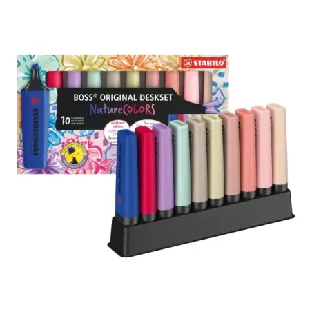 Stabilo Boss Naturecolors Pack de 10 Marcadores con Base para Escritorio - Incluye los 4 Nuevos Colores Wildflower - Trazo entre