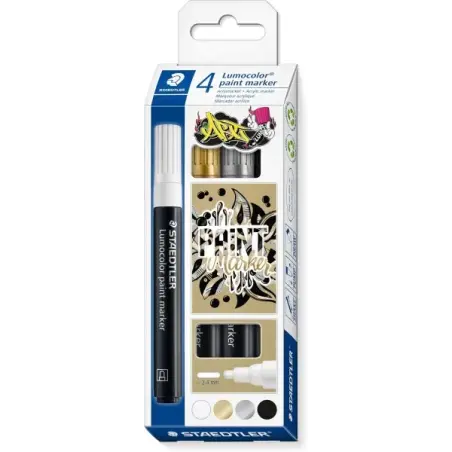 Staedtler Lumocolor 349 Pack con 4 Marcadores Acrilicos Permanentes - Trazo 2.4 mm aprox. - Tinta Base de Agua - Colores Surtido
