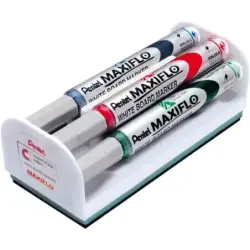 Pentel Maxiflo Pack de 4 Rotuladores para Pizarra Blanca + Borrador Magnetico - Punta de Bala - Ancho de Linea 2mm - Regulacion