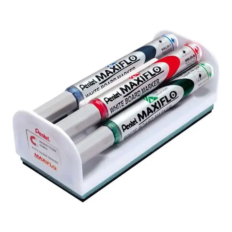 Pentel Maxiflo Pack de 4 Rotuladores para Pizarra Blanca + Borrador Magnetico - Punta de Bala - Ancho de Linea 2mm - Regulacion