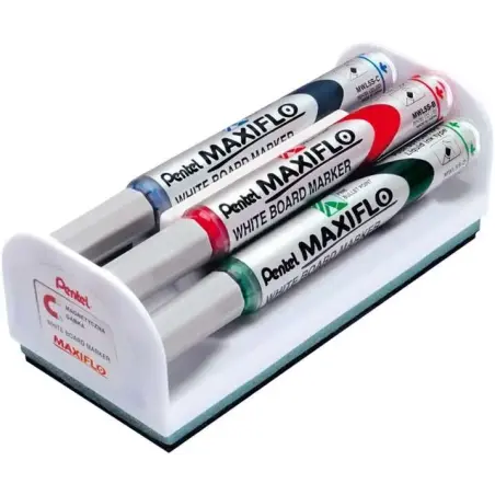 Pentel Maxiflo Pack de 4 Rotuladores para Pizarra Blanca + Borrador Magnetico - Punta de Bala - Ancho de Linea 2mm - Regulacion