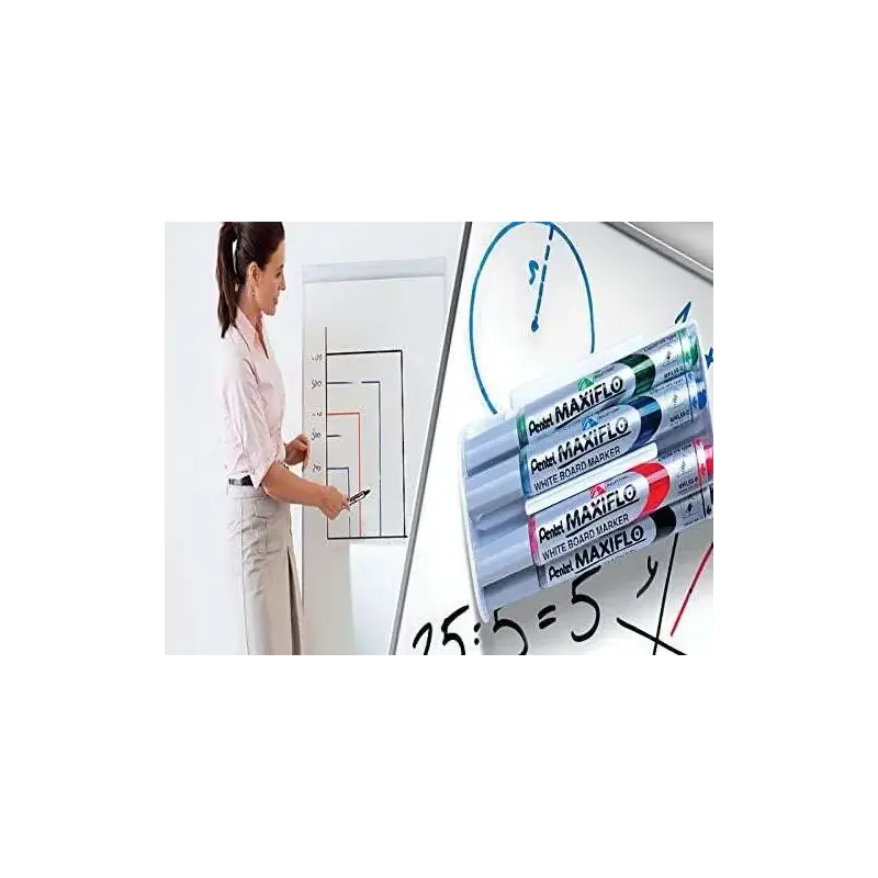 Pentel Maxiflo Pack de 4 Rotuladores para Pizarra Blanca + Borrador Magnetico - Punta de Bala - Ancho de Linea 2mm - Regulacion