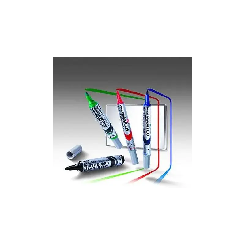Pentel Maxiflo Pack de 4 Rotuladores para Pizarra Blanca + Borrador Magnetico - Punta de Bala - Ancho de Linea 2mm - Regulacion