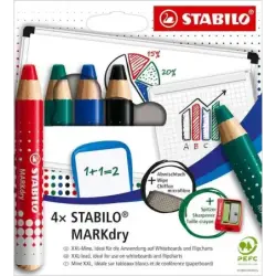 Stabilo MARKdry Pack de 4 Marcadores para Pizarra + Sacapuntas + Paño de Limpieza - Mina XXL de 10mm - Madera 100% Certificada P