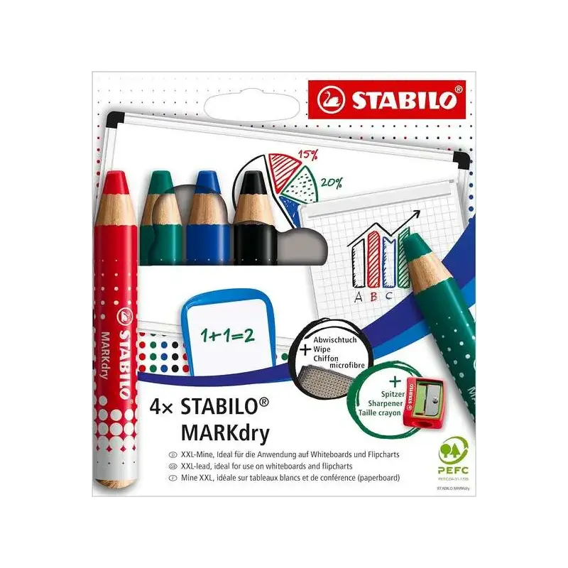 Stabilo MARKdry Pack de 4 Marcadores para Pizarra + Sacapuntas + Paño de Limpieza - Mina XXL de 10mm - Madera 100% Certificada P