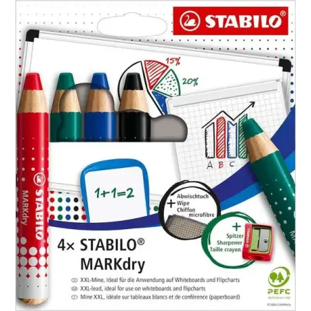 Stabilo MARKdry Pack de 4 Marcadores para Pizarra + Sacapuntas + Paño de Limpieza - Mina XXL de 10mm - Madera 100% Certificada P
