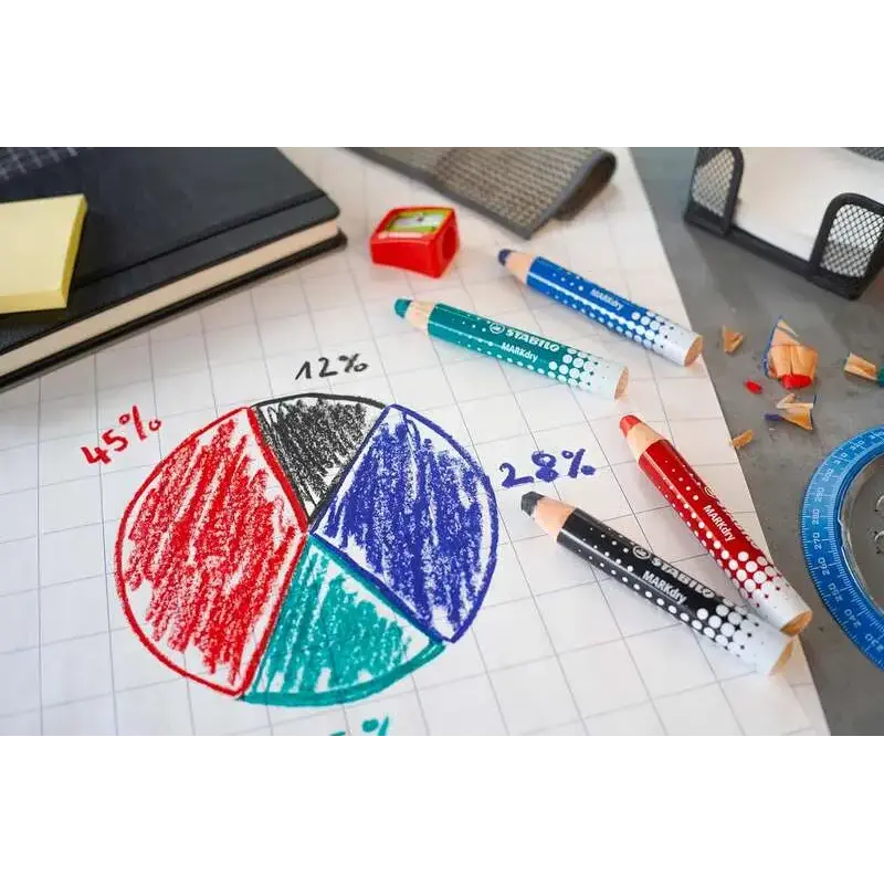 Stabilo MARKdry Pack de 4 Marcadores para Pizarra + Sacapuntas + Paño de Limpieza - Mina XXL de 10mm - Madera 100% Certificada P