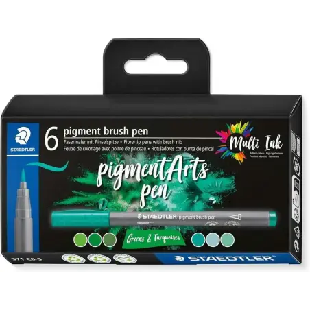 Staedtler 371 Pack de 6 Rotuladores Punta de Pincel Suave - Colores Vivos y Brillantes - No Amarillea con el Paso del Tiempo - N