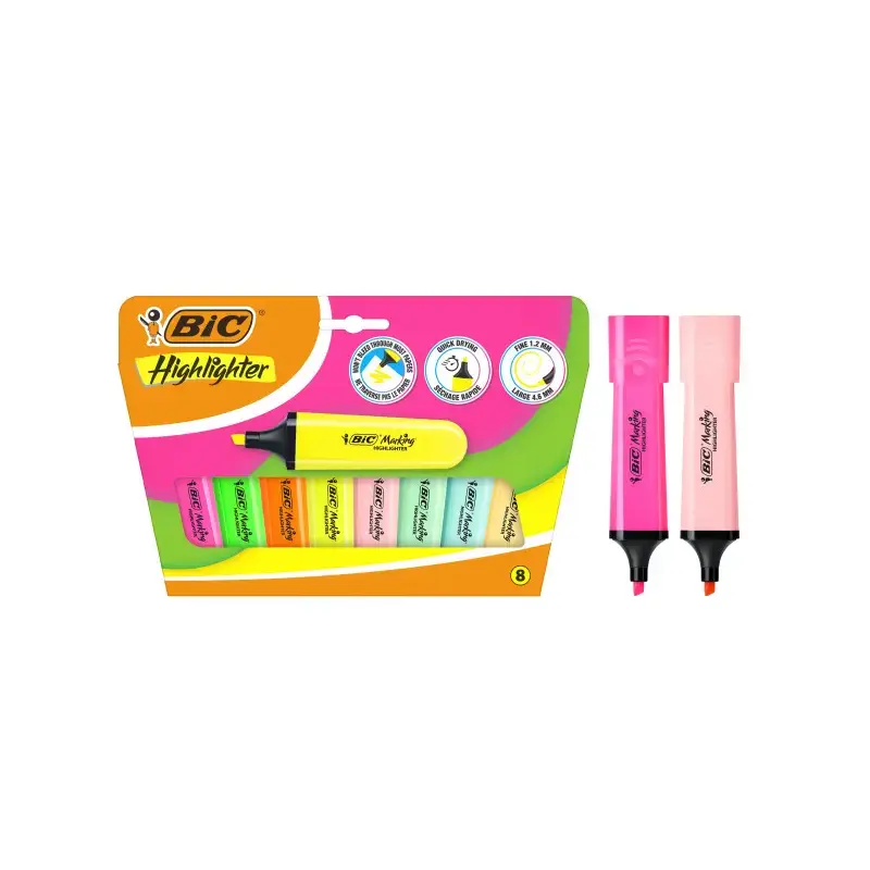 Bic Marking Highlighter Flat Pack de 8 Marcadores Fluorescentes - Punta Biselada - Trazo entre 1.20 y 4.60 mm - Tinta con Base d