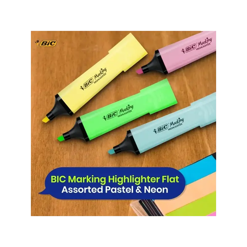 Bic Marking Highlighter Flat Pack de 8 Marcadores Fluorescentes - Punta Biselada - Trazo entre 1.20 y 4.60 mm - Tinta con Base d