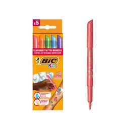 Bic Kids Tatuajes Pack de 5 Rotuladores + 10 Plantillas para Tatuajes Temporales - Tinta Dermatologicamente Testada y Sin Perfum