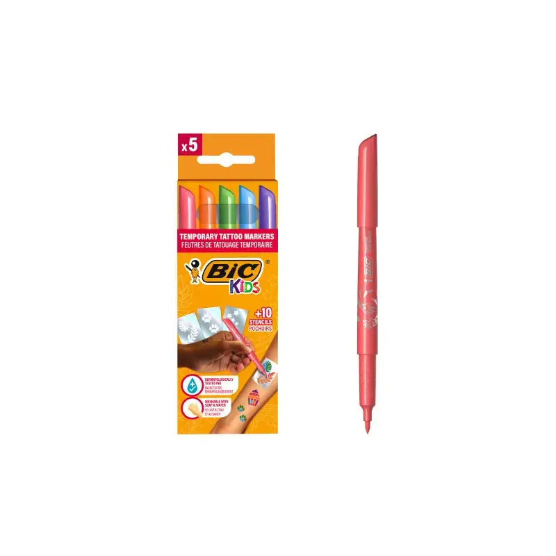 Bic Kids Tatuajes Pack de 5 Rotuladores + 10 Plantillas para Tatuajes Temporales - Tinta Dermatologicamente Testada y Sin Perfum