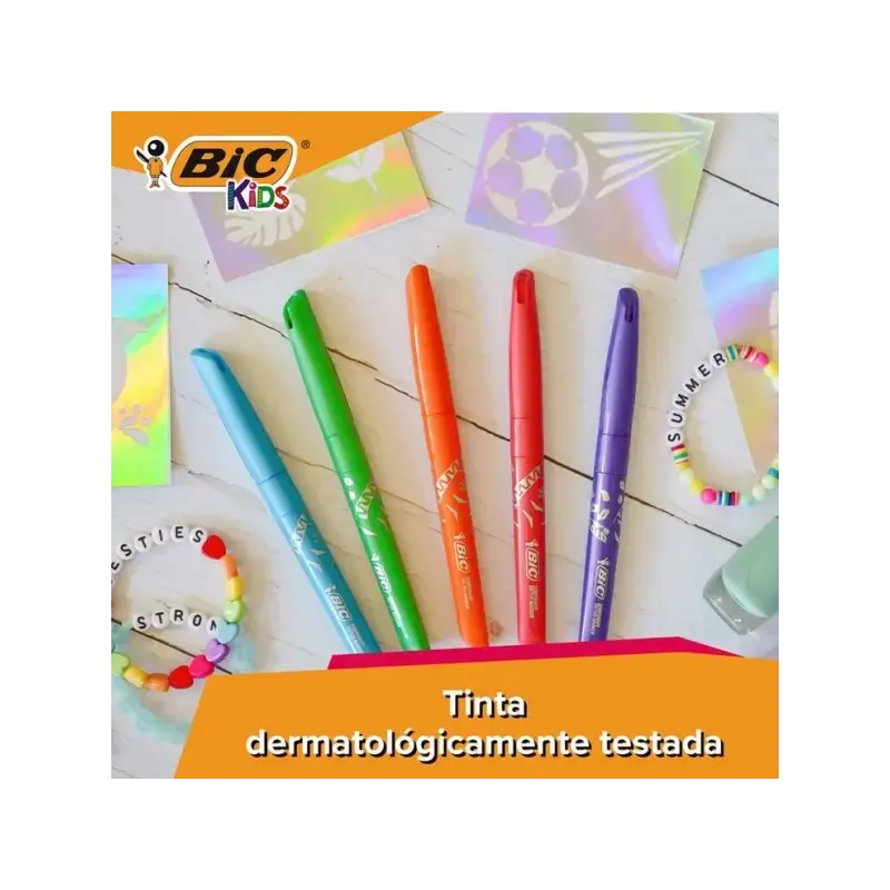 Bic Kids Tatuajes Pack de 5 Rotuladores + 10 Plantillas para Tatuajes Temporales - Tinta Dermatologicamente Testada y Sin Perfum
