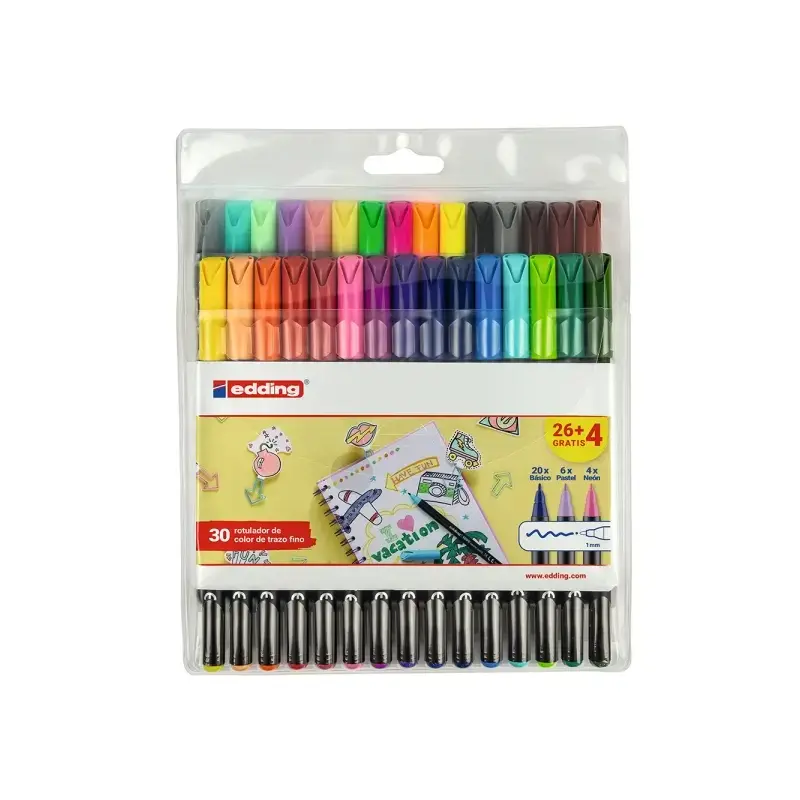 Edding 1200 Pack de 30 Rotuladores - Punta Redonda - Tinta con Base de Agua - Colores Clasicos, Neon y Pastel Surtidos | Ahorro