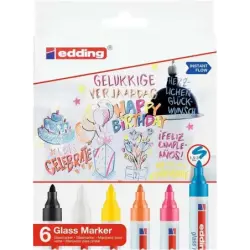 Edding 95 Pack de 6 Rotuladores para Cristal - Punta Redonda - Trazo 1.5-3mm - Colores Blanco, Amarillo, Negro, Naranja, Rosa y