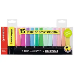 Stabilo Boss 70 Pack de Escritorio de 15 Marcadores Fluorescente - Practica Base para Escritorio - Trazo entre 2 y 5mm - Recarga