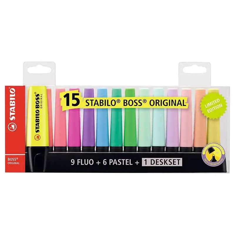 Stabilo Boss 70 Pack de Escritorio de 15 Marcadores Fluorescente - Practica Base para Escritorio - Trazo entre 2 y 5mm - Recarga