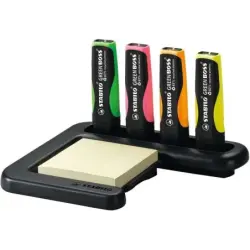 Stabilo Green Boss Set de Mesa de 4 Marcadores Fluorescentes 83% Plastico Reciclado + Bloc de Notas Adhesivas 100% Papel Recicla