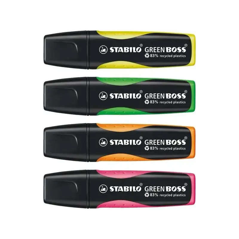 Stabilo Green Boss Set de Mesa de 4 Marcadores Fluorescentes 83% Plastico Reciclado + Bloc de Notas Adhesivas 100% Papel Recicla