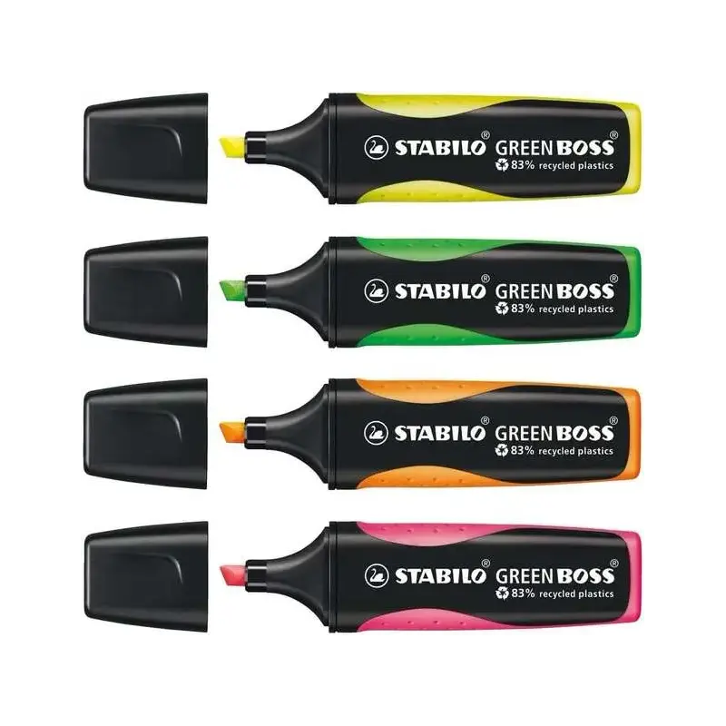 Stabilo Green Boss Set de Mesa de 4 Marcadores Fluorescentes 83% Plastico Reciclado + Bloc de Notas Adhesivas 100% Papel Recicla