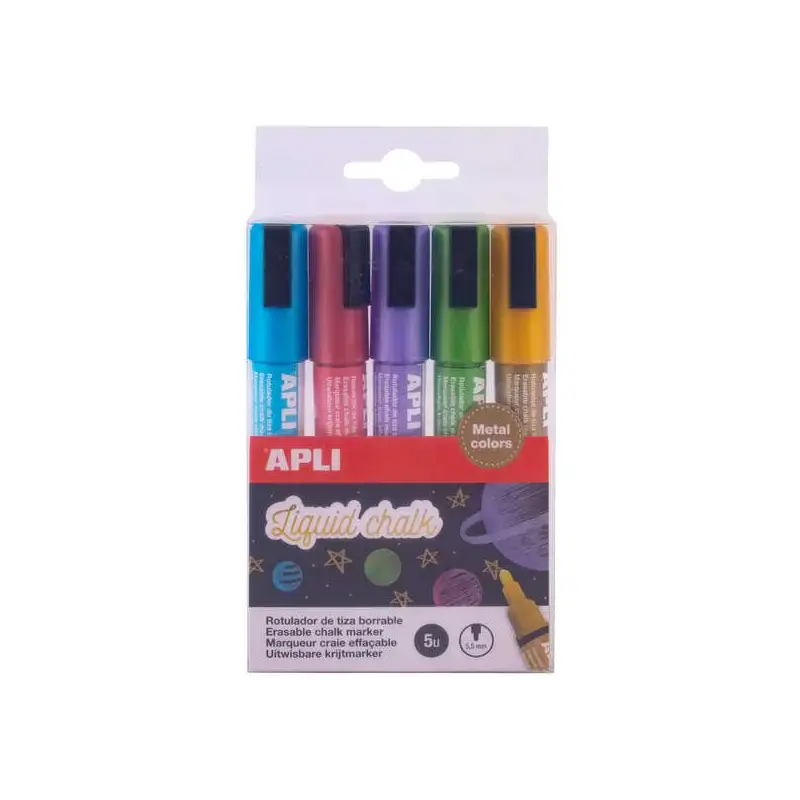 Apli Pack de 5 Rotuladores de Tiza Liquida Metalizados - Punta Redonda de 5.5mm - Facil de Borrar - Secado Rapido - Base Agua Li
