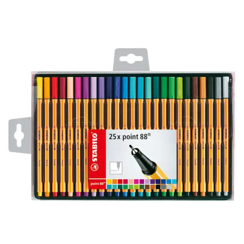 Stabilo Point 88 Pack de 25 Rotuladores de Punta Fina de Fibra - Trazo de 0.4 mm - Tinta con Base de Agua - Colores Surtidos | A