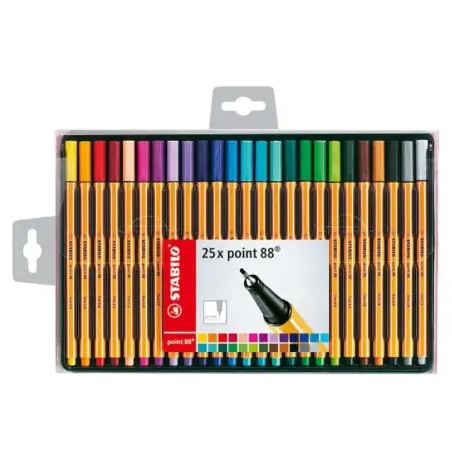 Stabilo Point 88 Pack de 25 Rotuladores de Punta Fina de Fibra - Trazo de 0.4 mm - Tinta con Base de Agua - Colores Surtidos | A
