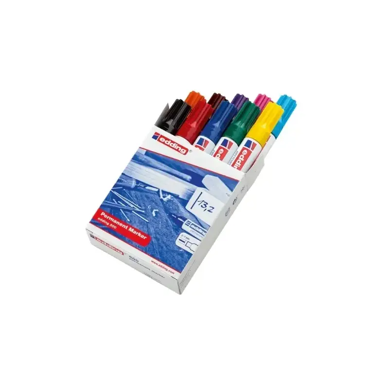 Edding 500 Pack de 10 Rotuladores Permanentes - Punta Biselada - Trazo entre 2 y 7mm - Recargable - Secado Instantaneo - Colores