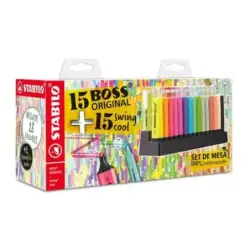 Stabilo Pack de Set de Mesa con 15 Marcadores Stabilo Boss y 15 Marcadores Swing Cool - Tinta con Base de Agua - Colores Surtido
