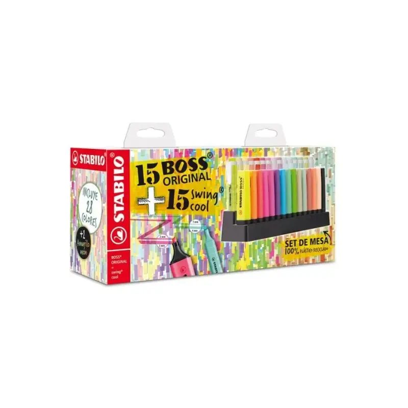 Stabilo Pack de Set de Mesa con 15 Marcadores Stabilo Boss y 15 Marcadores Swing Cool - Tinta con Base de Agua - Colores Surtido