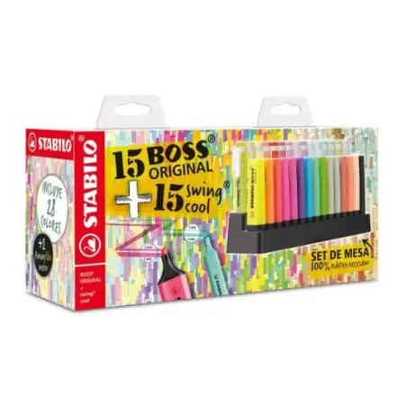 Stabilo Pack de Set de Mesa con 15 Marcadores Stabilo Boss y 15 Marcadores Swing Cool - Tinta con Base de Agua - Colores Surtido