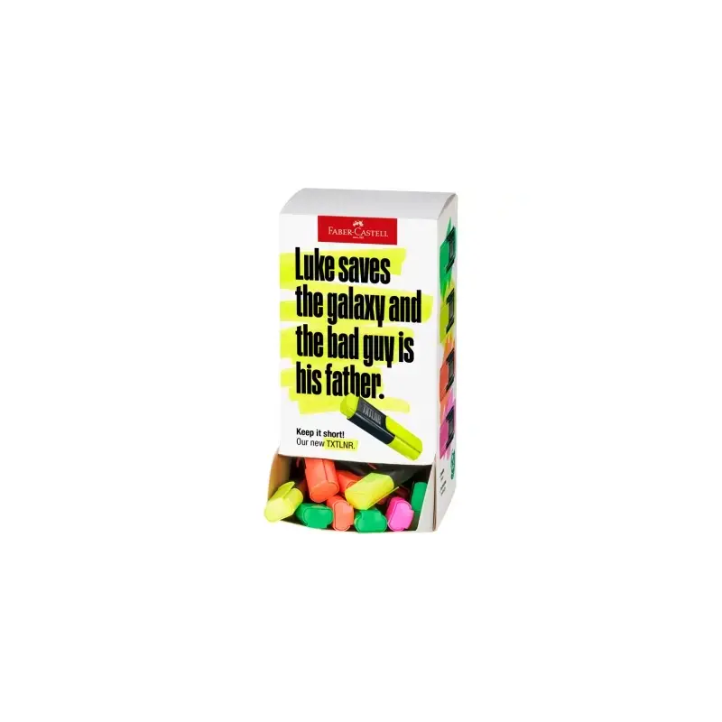 Faber-Castell TXTLNR Expositor con 60 Marcadores Fluorescentes - Punta Biselada - Trazo entre 1, 2 y 5 mm - Tinta con Base de Ag