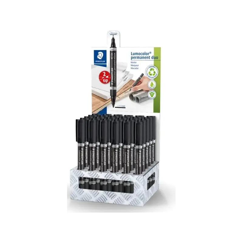 Staedtler Lumocolor 348 Expositor con 30 Rotuladores Permanentes de Doble Punta - Secado Rapido - Color Negro | Ahorro Imprimien