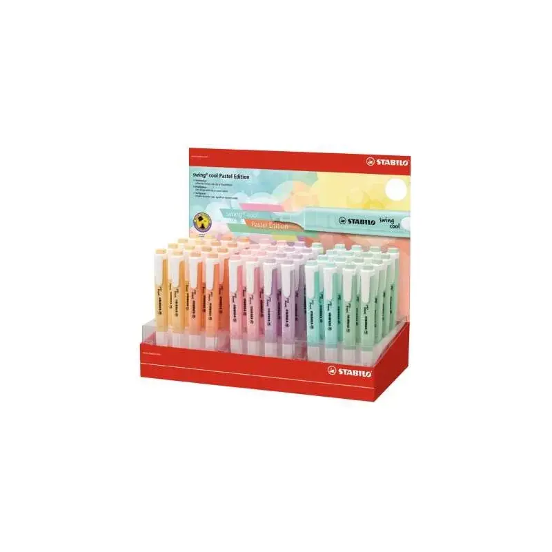 Stabilo Swing Cool Pastel Expositor de 48 Marcadores Fluorescentes - Cuerpo Plano - Punta Biselada - Trazo entre 1 y 4mm - Tinta