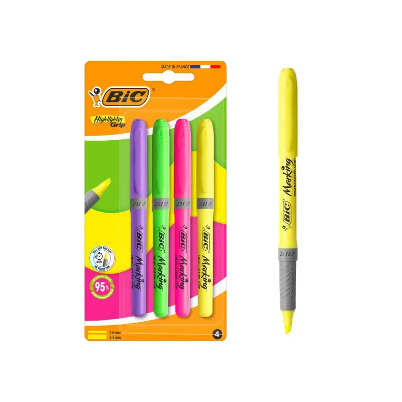 Bic Highlighter Grip Pack con 4 Marcadores Fluorescentes - Punta Biselada - Trazo entre 1.60 y 3.30 mm - Grip Texturizado - Colo