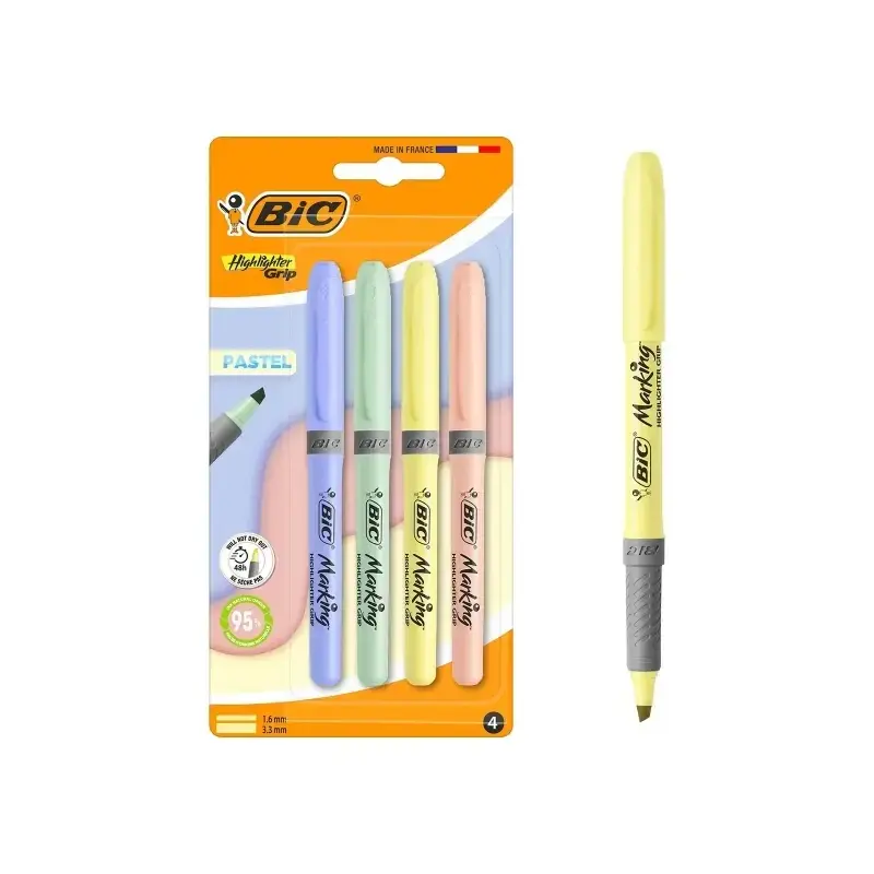 Bic Highlighter Grip Pack con 4 Marcadores Fluorescentes Pastel - Punta Biselada - Trazo entre 1.60 y 3.30 mm - Grip Texturizado