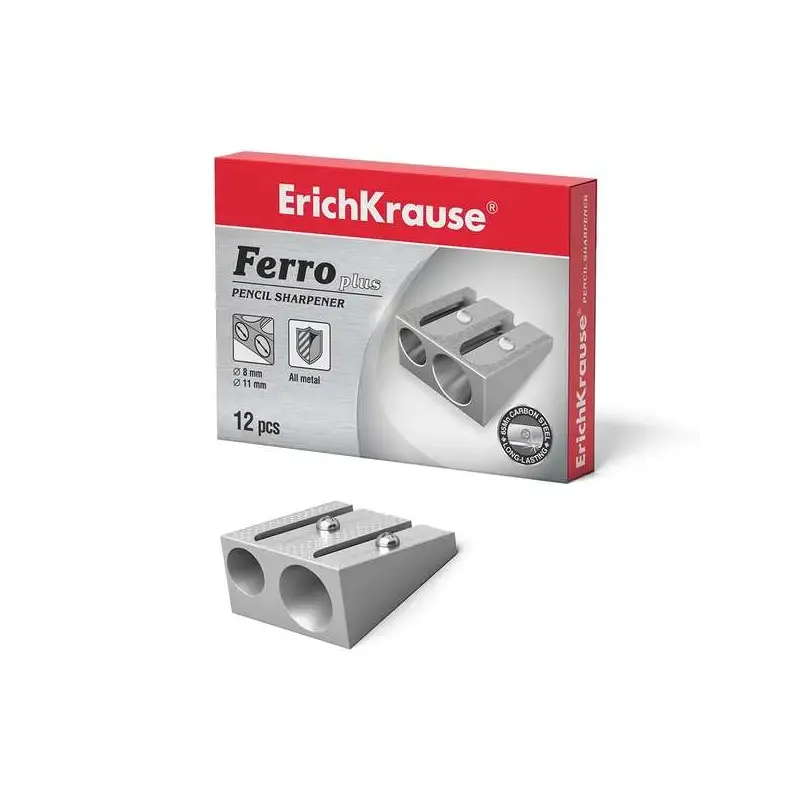 Erichkrause Ferro Plus - Sacapuntas Doble de Aluminio - Agarre Ergonomico - Dos Agujeros de 8mm y 11mm - Cuchilla de Acero al Ca