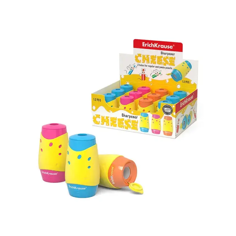 Erichkrause Cheese Sacapuntas con Deposito - 2 Orificios de 8 y 11mm - Diseño de Queso - Hoja de Acero al Carbono - Colores Surt