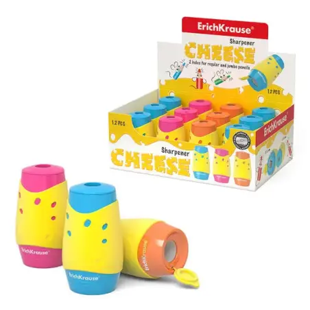Erichkrause Cheese Sacapuntas con Deposito - 2 Orificios de 8 y 11mm - Diseño de Queso - Hoja de Acero al Carbono - Colores Surt