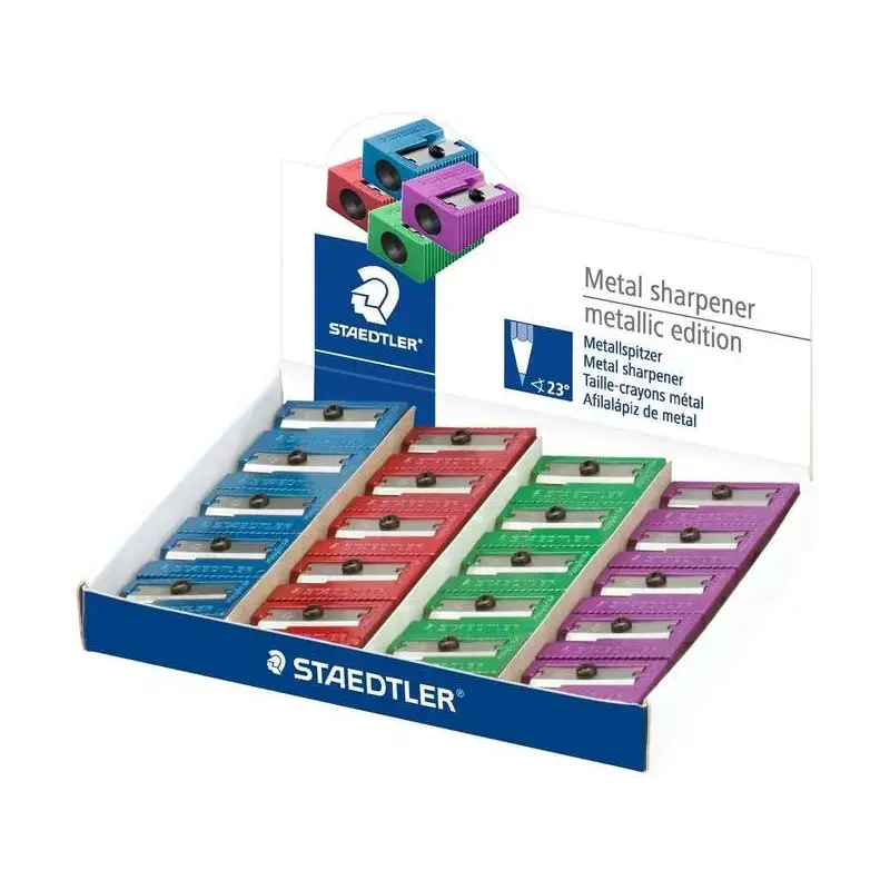 Staedtler Sacapuntas Metalico con Cuchilla de Metal - Angulo de Afilado de 23° - 1 Agujero - Colores Surtidos | Ahorro Imprimien