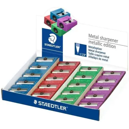 Staedtler Sacapuntas Metalico con Cuchilla de Metal - Angulo de Afilado de 23° - 1 Agujero - Colores Surtidos | Ahorro Imprimien