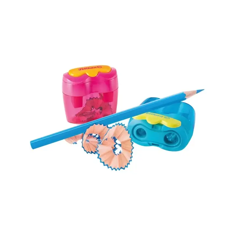 Pelikan Flower Expositor de 10 Sacapuntas 2 Orificios con Tapa - Deposito para Residuos - Cuchillas de Acero Inoxidable - Colore